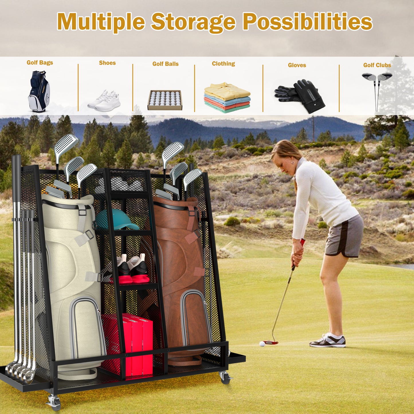 Premium Industrial Mesh Golf Bag Rack and Storage Center