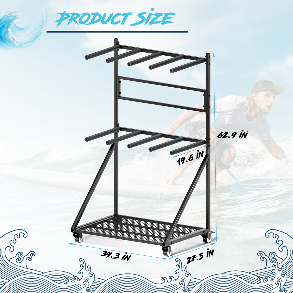 Heavy Duty Mobile SUP and Surfboard Rack 4 Capacity