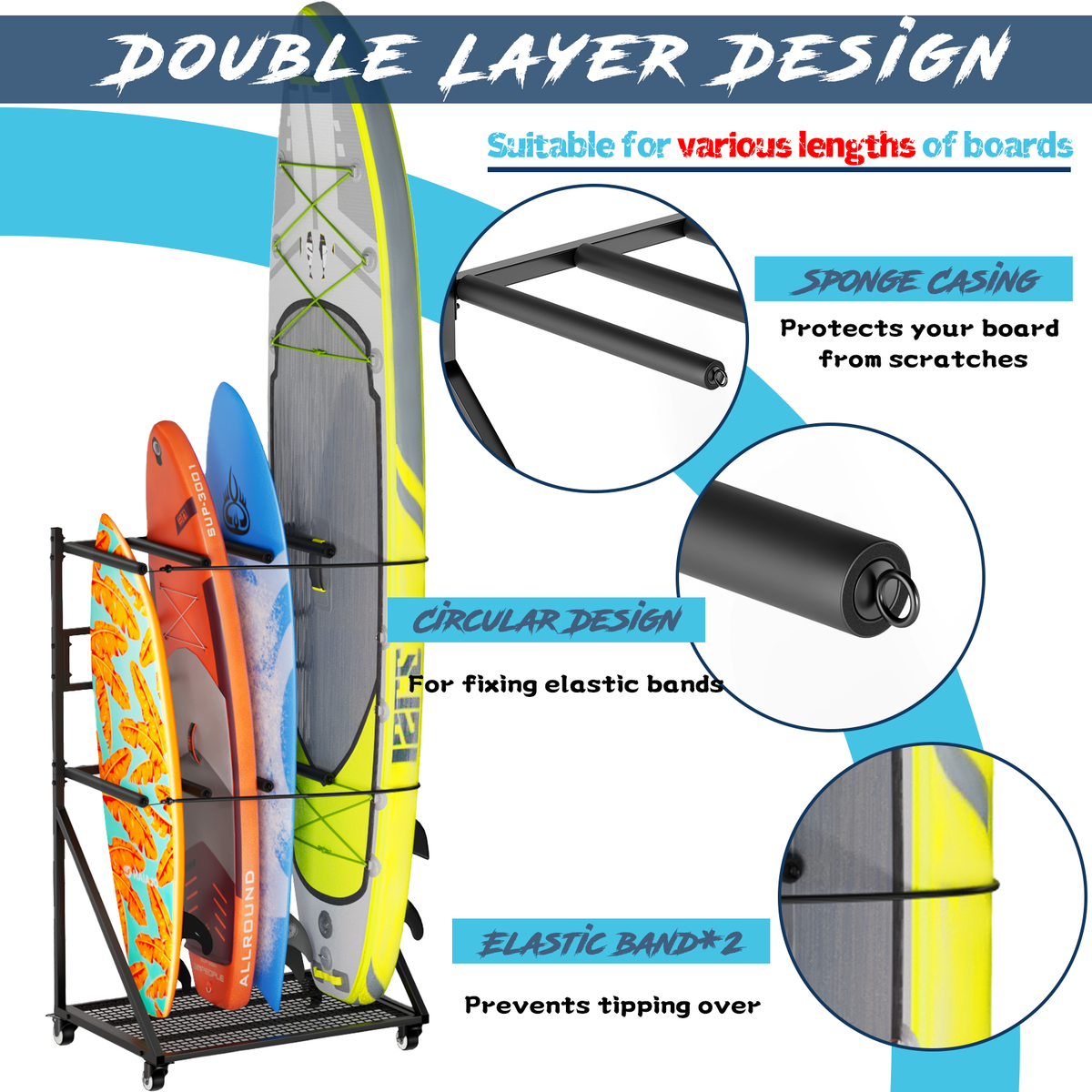 Heavy Duty Mobile SUP and Surfboard Rack 4 Capacity