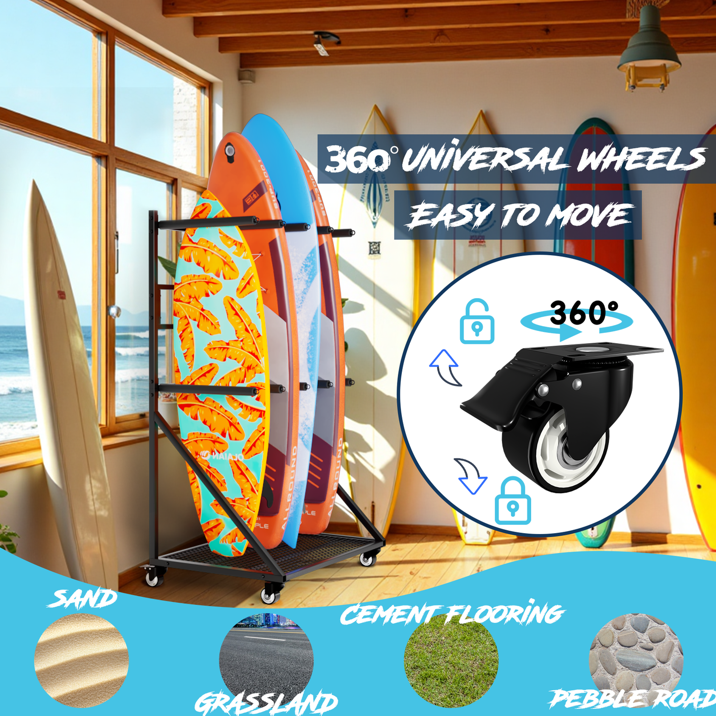 Heavy Duty Mobile SUP and Surfboard Rack 4 Capacity