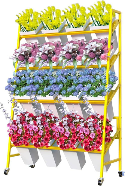 Heavy-Duty 4-Tier Metal Flower Display Stand with 16 Buckets